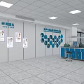Modern Laboratory Interior With White Walls Blue Lines Blue Benches And White Tiled Floor