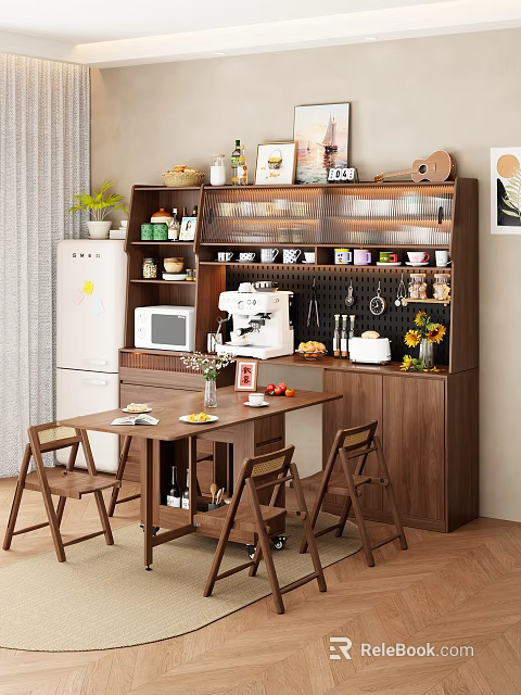 Modern Home Kitchen Wooden Sideboard With Open Shelves Coffee Machine Microwave Dining Table And Chairs 3d model 