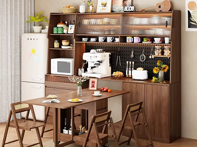 Modern Home Kitchen Wooden Sideboard With Open Shelves Coffee Machine Microwave Dining Table And Chairs 3d model