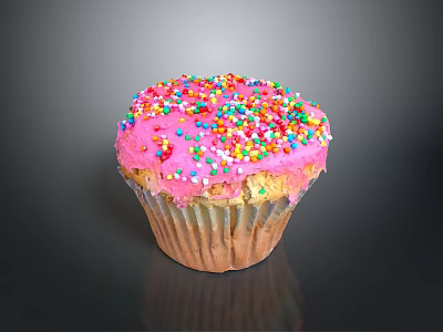Delicious Cupcake With Pink Frosting Topped With Colorful Sprinkles On Black Background With Reflection 3d model