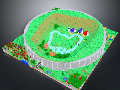 Lush Green Scenic Landscape With Heart Shaped Lake Colorful Cottages And Trees In Circular Area 3d model