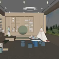 Modern Sales Office Interior With Wooden Arches Round Window Bookshelves And Kids Teepee Area