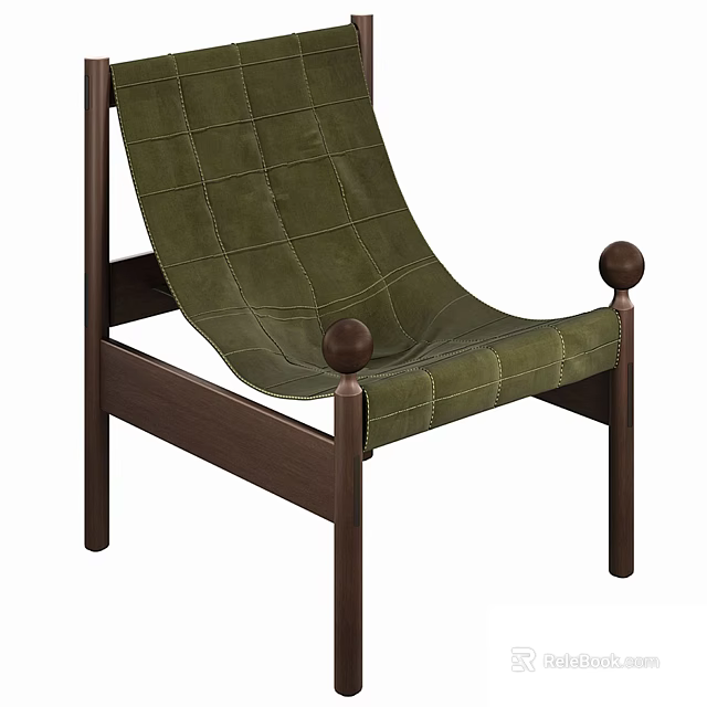 Green Grid Pattern Velvet Lounge Chair With Solid Wooden Frame And Round Armrest Knobs 3d model 