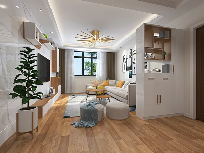 Modern Living and Dining Room Interior With Chandelier Sofa Coffee Table And Wooden Flooring 3d model