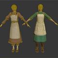 Two Women In Different Colored Tops With Beige Aprons Standing Pose