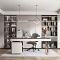 Modern Home Office Interior With Built In Bookshelves Ergonomic Chair And Pendant Lights
