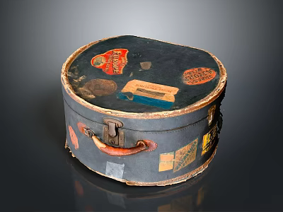 Vintage Round Trunk Decorative Ornament Set With Stickers Labels Worn Details Leather Handle Metal Latch 3d model