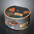 Vintage Round Trunk Decorative Ornament Set With Stickers Labels Worn Details Leather Handle Metal Latch