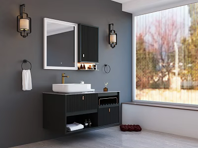 Modern Gray Wall Bathroom Washstand With Black Cabinet White Basin Gold Faucet And Mirror 3d model