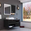 Modern Gray Wall Bathroom Washstand With Black Cabinet White Basin Gold Faucet And Mirror