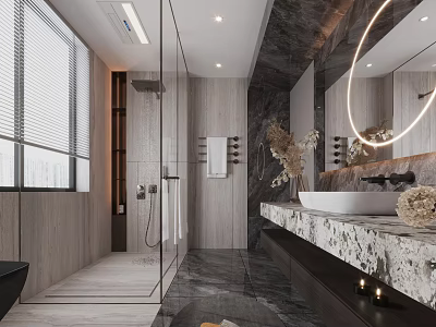 Modern Bathroom Interior Featuring Glass Shower Marble Countertop Round Mirror Soft Lighting And Decorative Plants 3d model