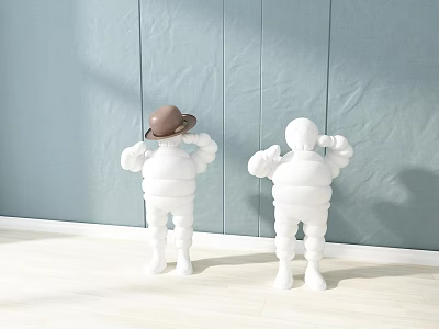 Two White Standing Figurines One Wearing Brown Hat Light Blue Wall Wooden Floor 3d model Two White Standing Figurines One Wearing Brown Hat Light Blue Wall Wooden Floor 3d model