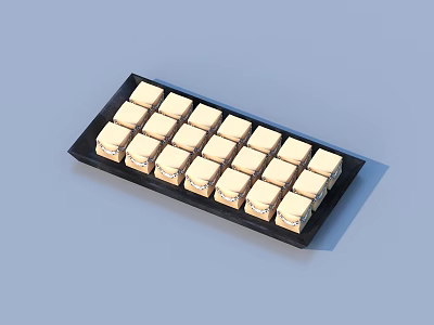 Golden Square Pastries Neatly Arranged On Black Serving Tray With Creamy Toppings 3d model
