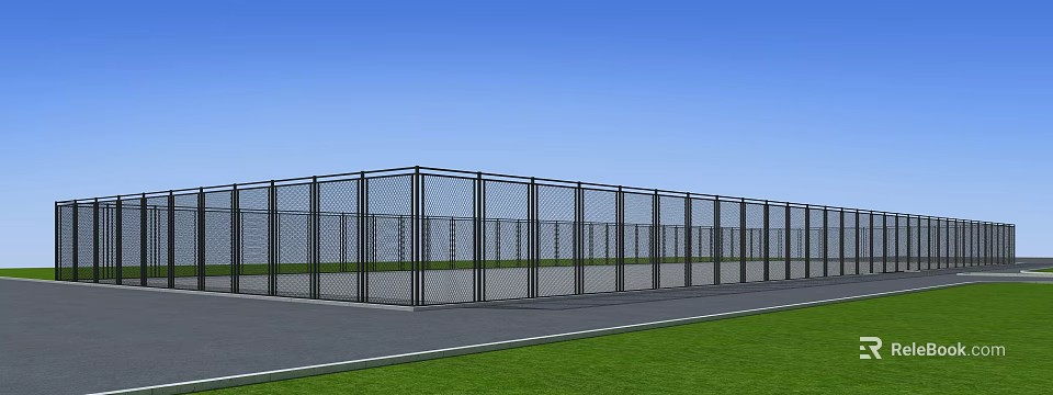 Outdoor Metal Wire Mesh Fence Surrounding Grass Field Under Blue Sky 3d model 