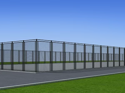 Outdoor Metal Wire Mesh Fence Surrounding Grass Field Under Blue Sky 3d model