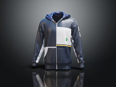 Stylish Navy Blue Zipper Hoodie With White Gray Color Block Design And Casual Style 3d model