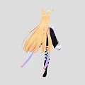 Woman With Rabbit Ears Blonde Hair Wearing Black Coat White Top Rainbow Elements Striped Stockings