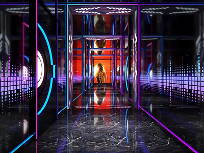 Modern KTV Interior With Colorful Neon Lighting And Mirror Corridor Design 3d model