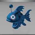 Cute Blue Cartoon Fish Character With Big Eyes Antenna Ball Fins And Tail