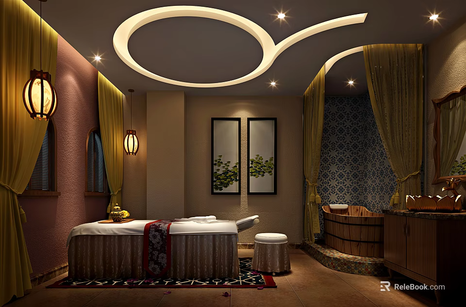 Elegant SPA Sauna Room With Massage Bed Wooden Tub Decorative Paintings And Soft Lighting 3d model 