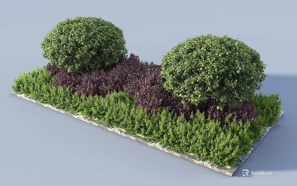Road Facilities With Round Green Shrubs Purple Low Plants And Stone Slab Edges 3d model 