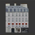 Light Pink Multi Storey Residential Building With Blue Roof Red Awnings And Ground Floor Shops