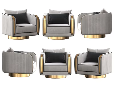 Modern Gray Velvet Single Sofa With Gold Metal Frame And Black Decorative Pillow 3d model