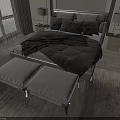 Modern Double Bed With Dark Bedding Pillows Ottoman Stools Nightstands And Scenic Window View