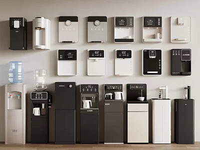 Different Water Dispensers and Coffee Machines in Black White Silver on Wall and Floor 3d model