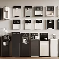 Different Water Dispensers and Coffee Machines in Black White Silver on Wall and Floor