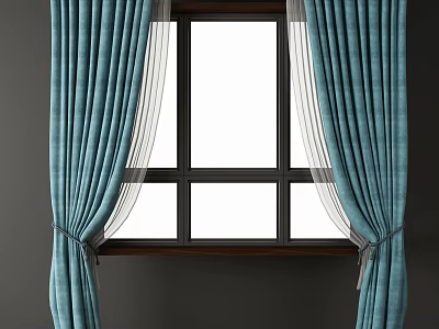 Blue Curtains With White Sheer Layers And Wooden Window Frame Design 3d model