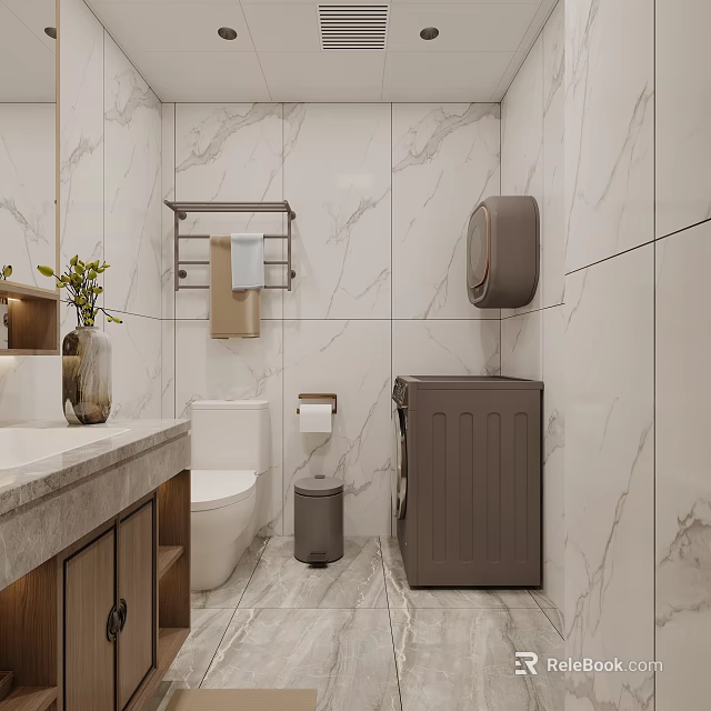 Modern Marble Bathroom Interior Design With Toilet Washing Machine Vanity Towel Rack And Vase 3d model 