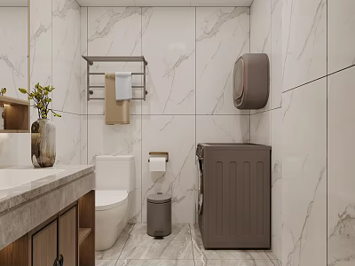 Modern Marble Bathroom Interior Design With Toilet Washing Machine Vanity Towel Rack And Vase 3d model