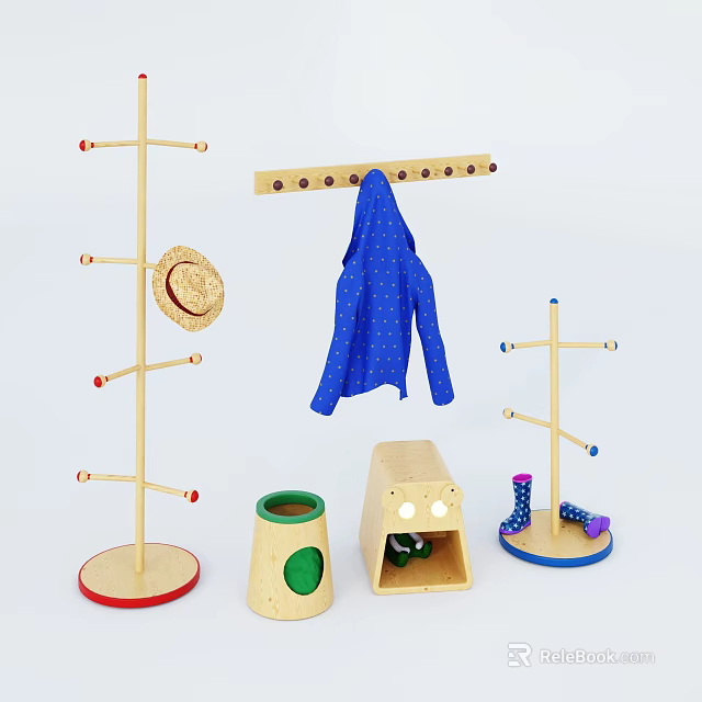 Variety of Wooden Clothes Hangers with Straw Hat Blue Polka Dot Coat and Storage Box 3d model 