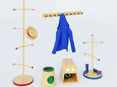 Variety of Wooden Clothes Hangers with Straw Hat Blue Polka Dot Coat and Storage Box 3d model