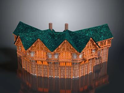 Traditional Wooden Building With Green Roof Two Chimneys And Exterior Wooden Walls 3d model