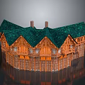 Traditional Wooden Building With Green Roof Two Chimneys And Exterior Wooden Walls