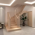 Modern Wooden Staircase in Light Colored Interior With Sofa Plant and Cabinet