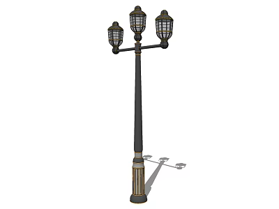Outdoor Street Lamp Post with Crossbar and Three Vintage Lanterns Classic Black Metal Construction 3d model