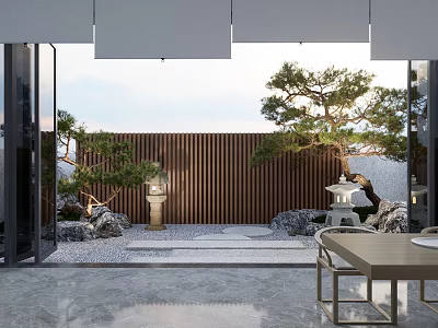 Modern Courtyard Garden Landscape With Wooden Slat Fence Pine Tree And Stone Path 3d model