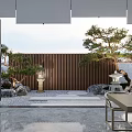 Modern Courtyard Garden Landscape With Wooden Slat Fence Pine Tree And Stone Path