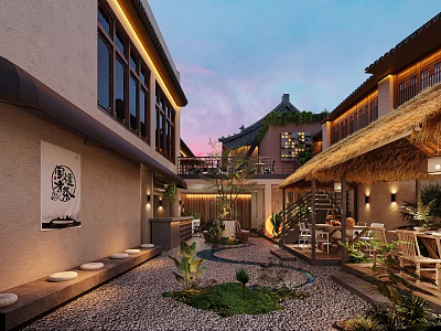 Traditional Courtyard Cafe With Thatched Roof Pebble Ground Green Plants Outdoor Seating Area Twilight 3d model