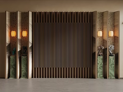 Modern TV Background Wall with Wooden Slats and Green Marble Pillars Decorative Lights and Ornaments 3d model