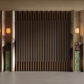 Modern TV Background Wall with Wooden Slats and Green Marble Pillars Decorative Lights and Ornaments