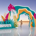 Summer Event Entrance With Colorful Tropical Leaves And Hello Summer Signage
