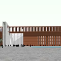 Modern Cultural Center With Red Facade Plaza People Trees And Pool