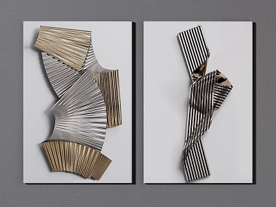 Modern Abstract Wall Decor Featuring Gold Silver and Black White Striped Geometric Designs 3d model