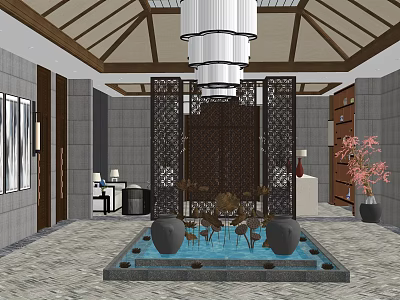 Hotel Lobby Interior With Central Water Feature Lotus Fountain Black Screen And Wooden Ceiling 3d model