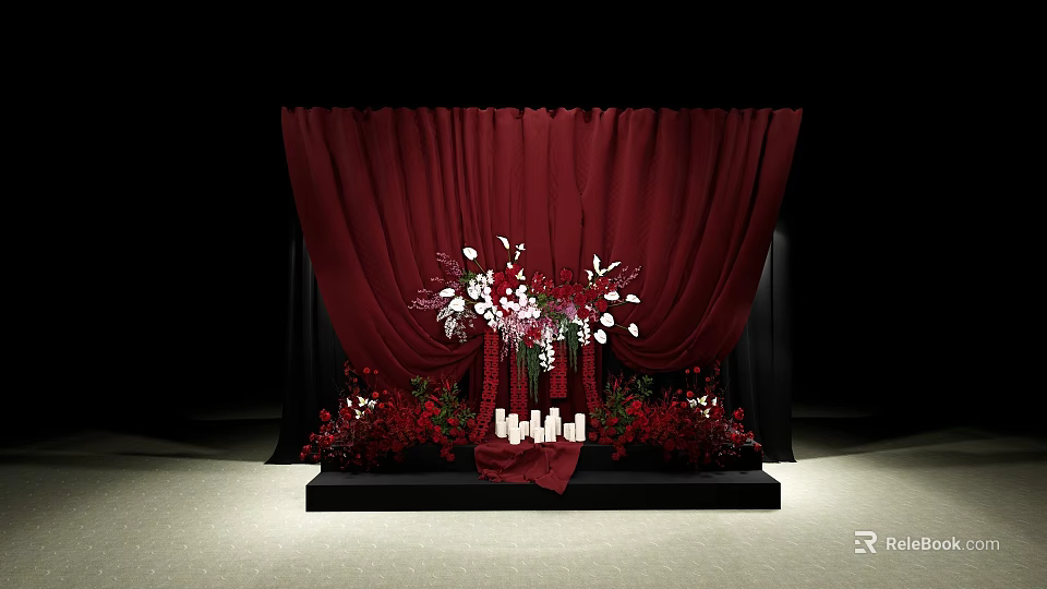 Stunning Wedding Decoration On Black Stage With Red Curtains White Flowers And Candles 3d model 