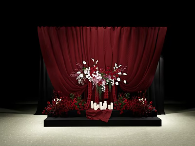 Stunning Wedding Decoration On Black Stage With Red Curtains White Flowers And Candles 3d model
